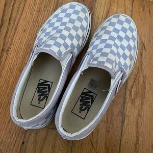 Lavender/light blue slip on checkered Vans